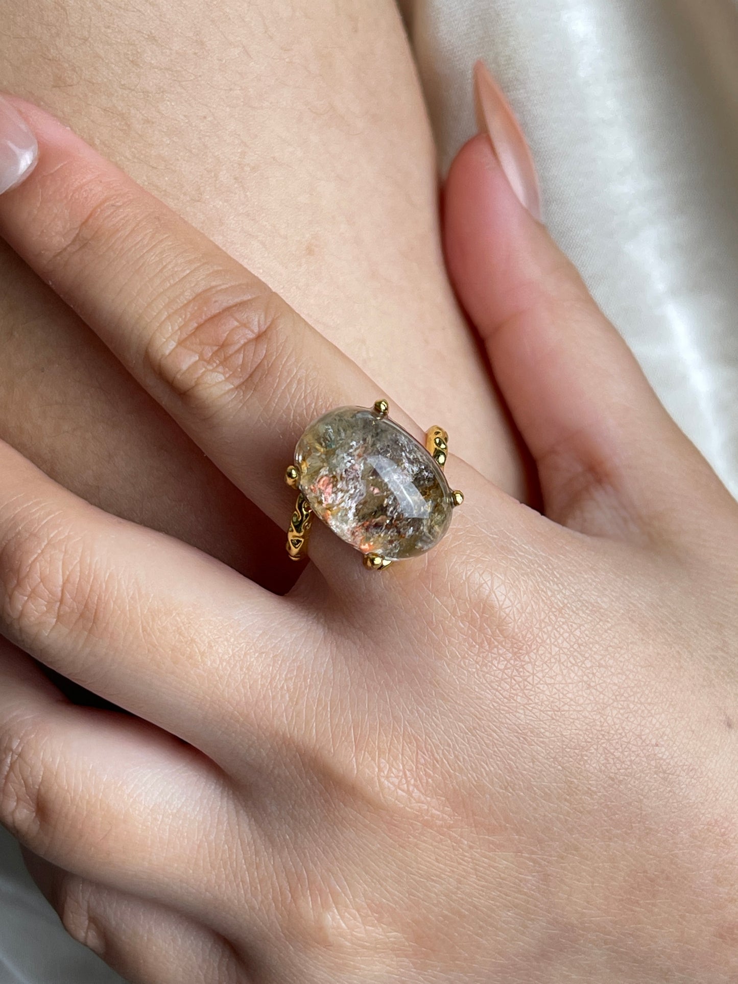Phantom Quartz Freeform Ring, close-up on hand
