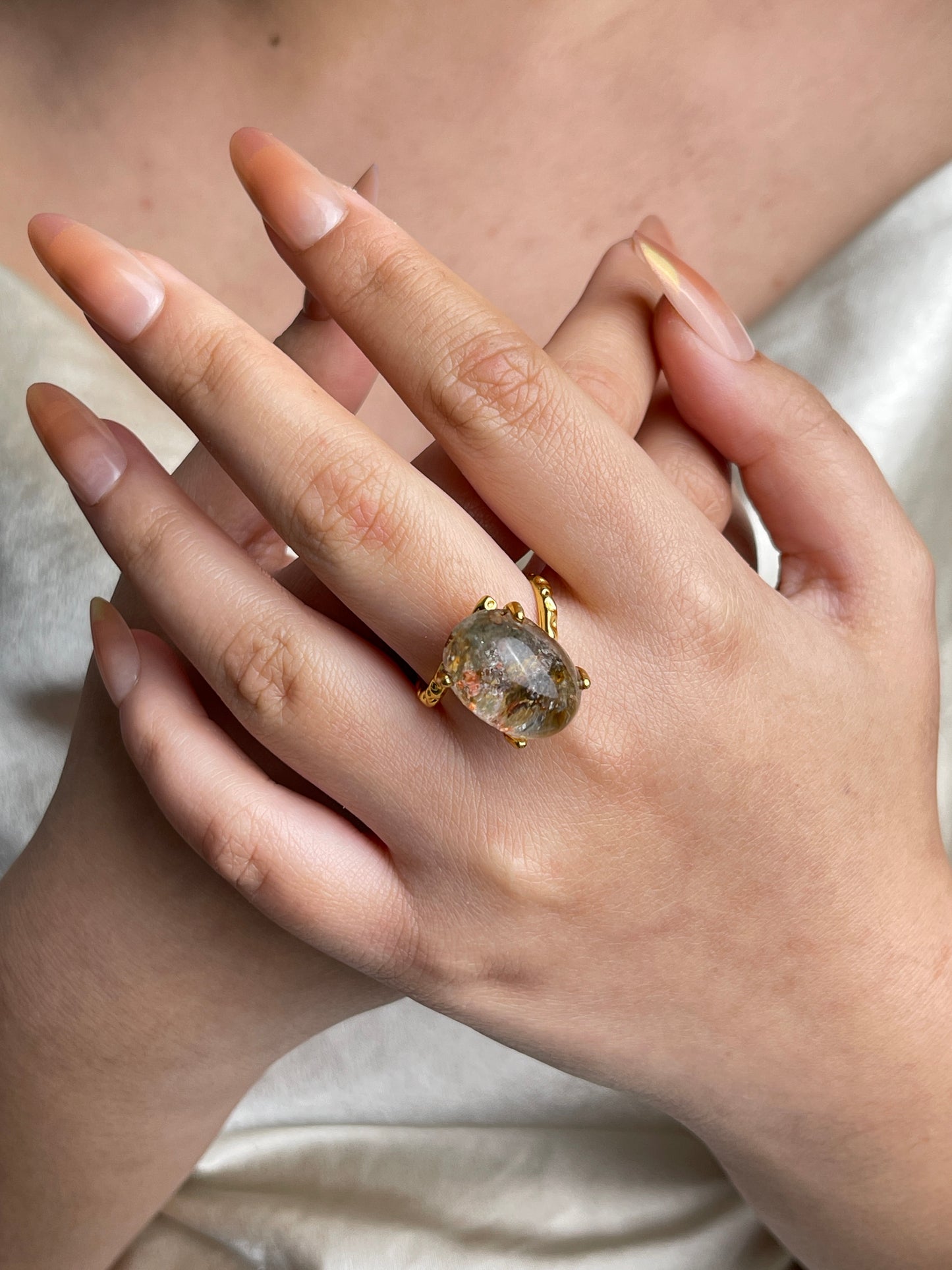 Phantom Quartz Freeform Ring worn on hand