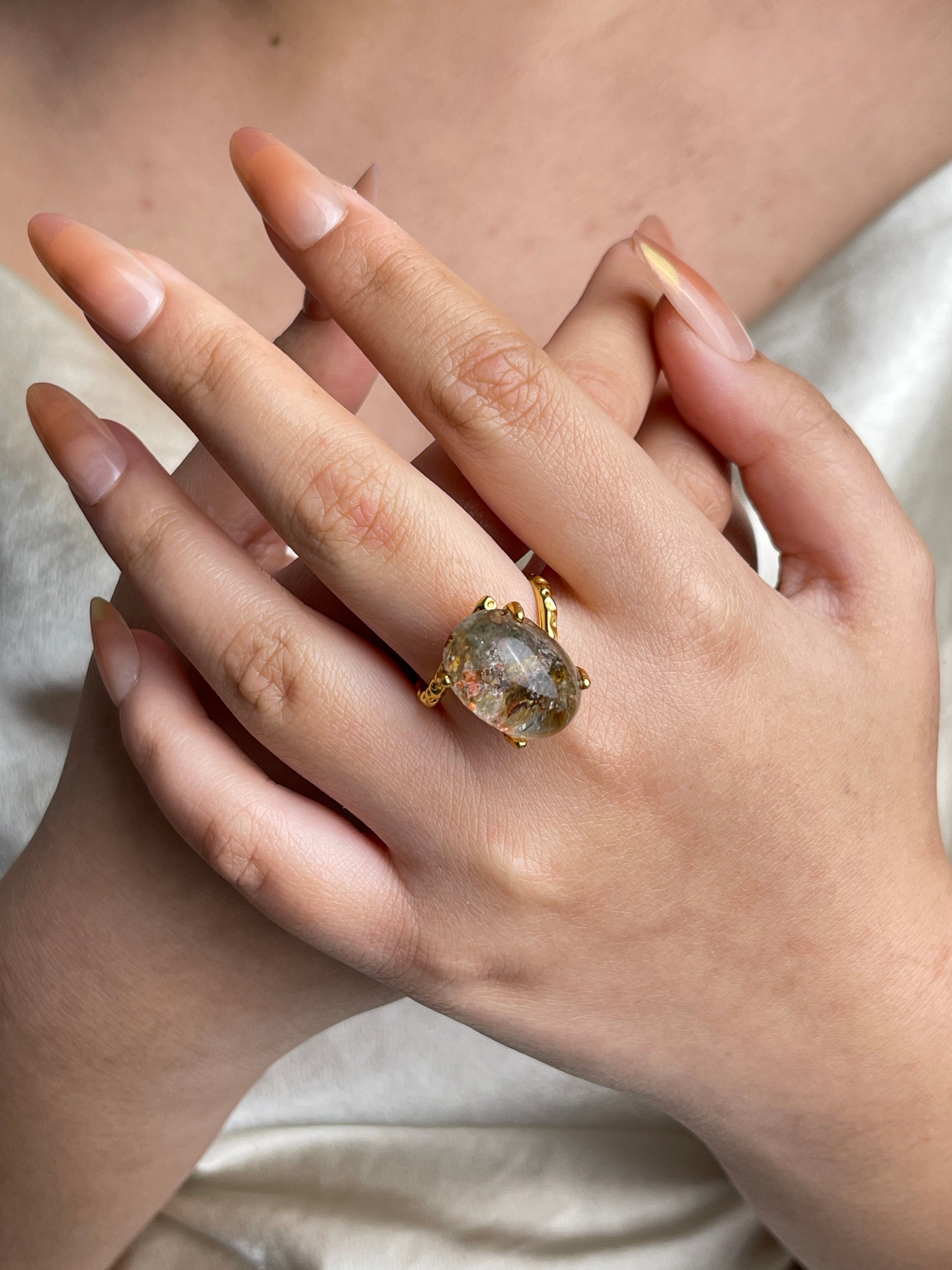 Phantom Quartz Freeform Ring worn on hand