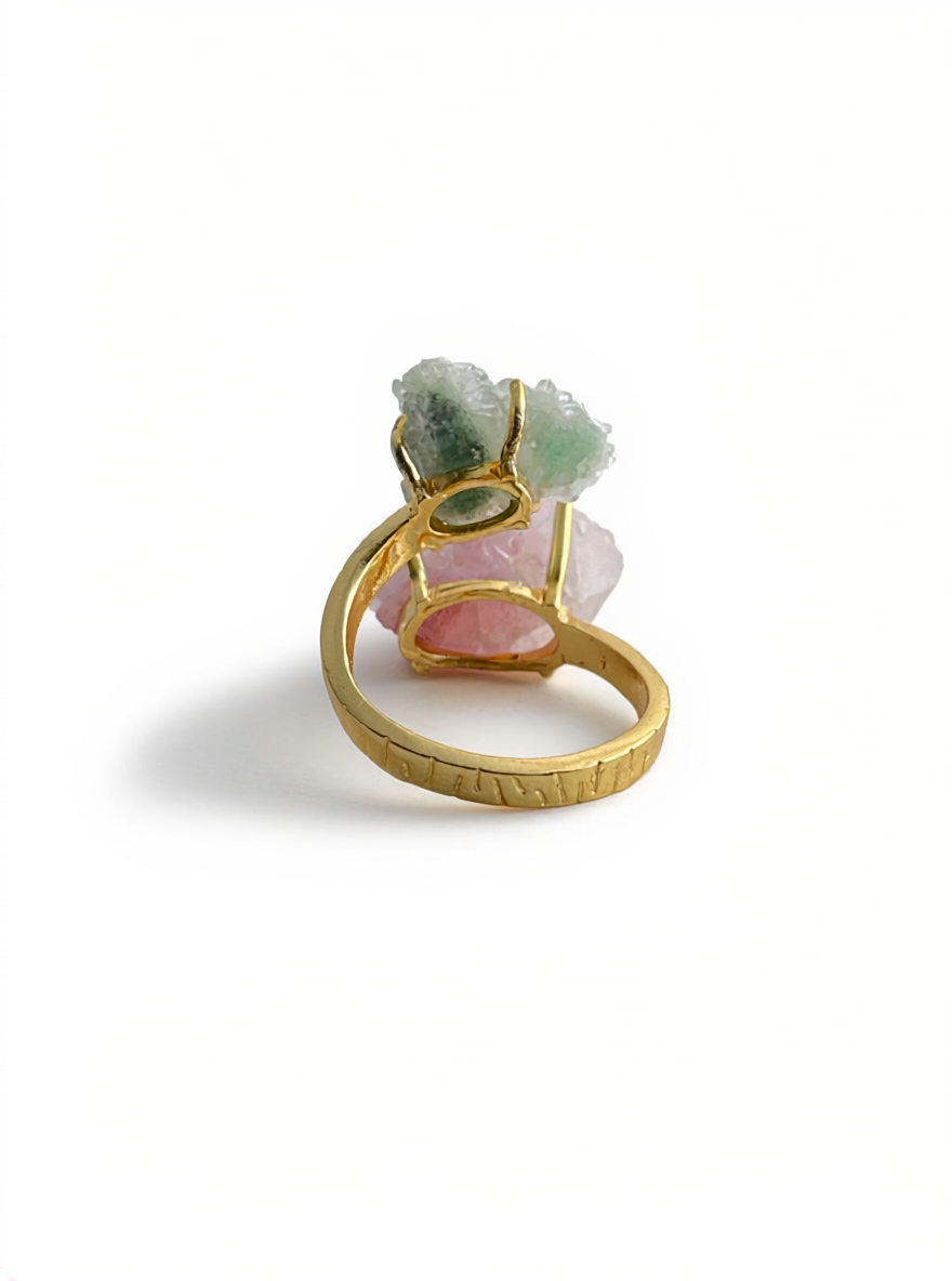 Pink and Green Strawberry Quartz Raw Crystal Ring, back view