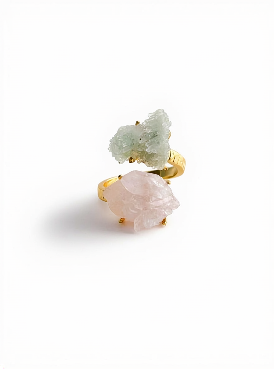 Pink and Green Strawberry Quartz Raw Crystal Ring, front view