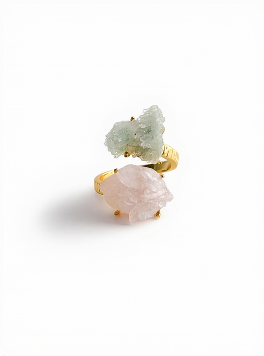 Pink and Green Strawberry Quartz Raw Crystal Ring, front view