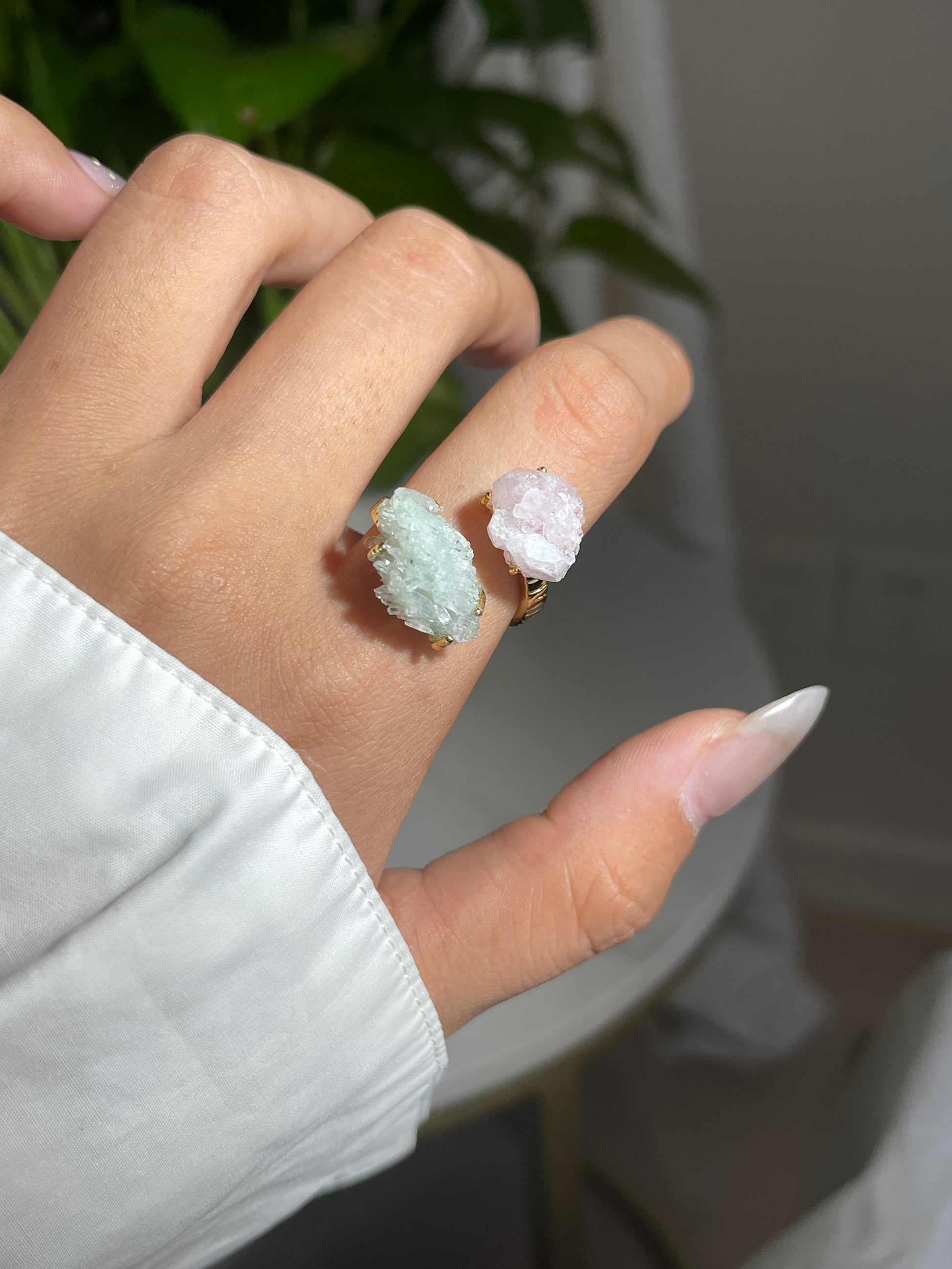Pink and Green Strawberry Quartz Raw Crystal Ring, close-up on hand