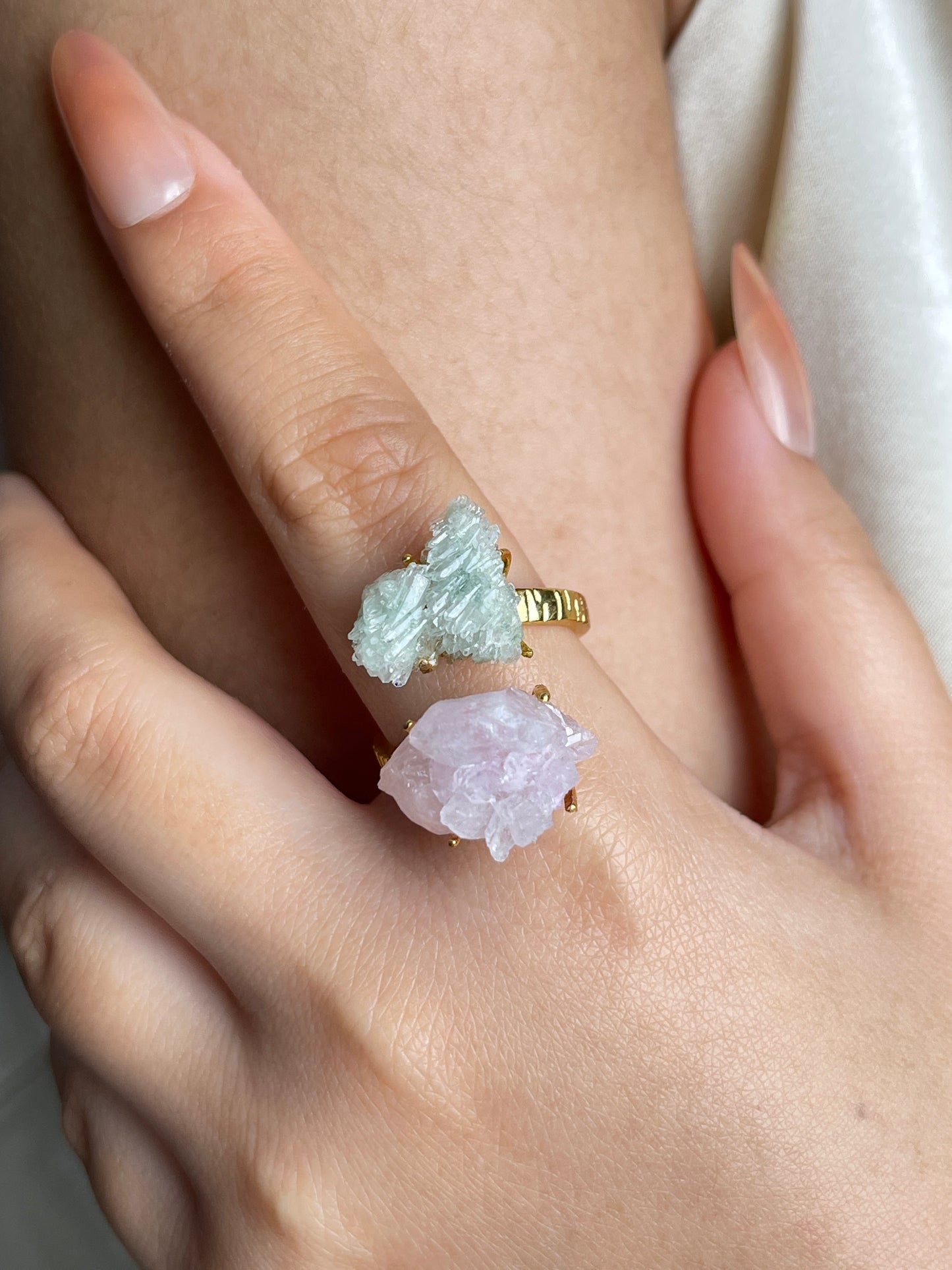 Pink and Green Strawberry Quartz Raw Crystal Ring, close-up on hand