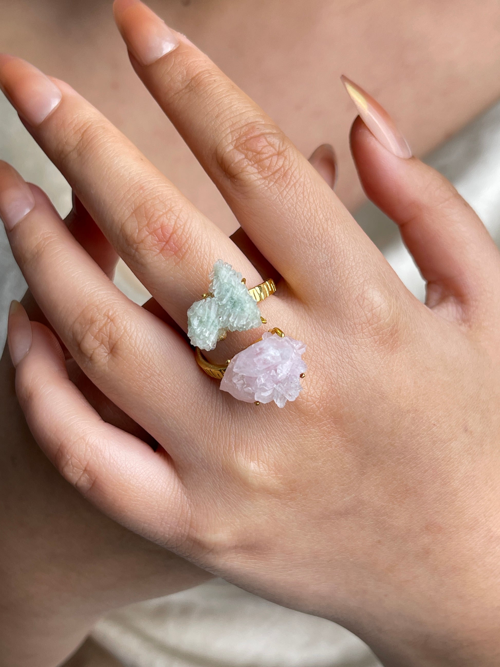 Pink and Green Strawberry Quartz Raw Crystal Ring worn on hand