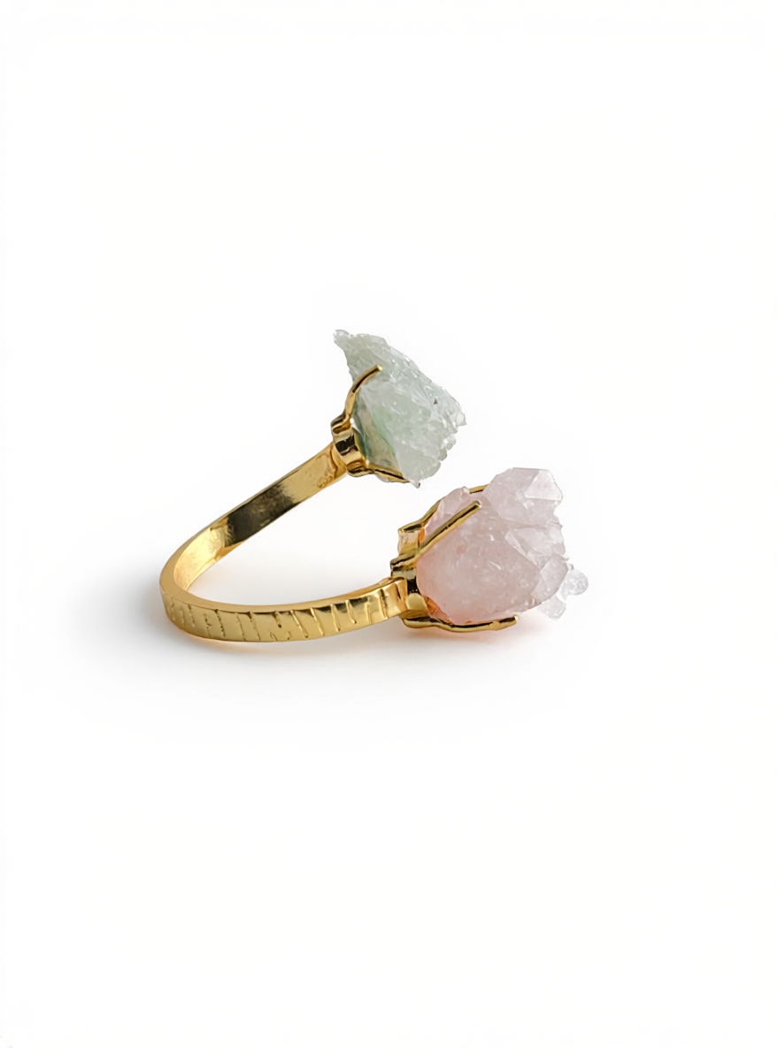 Pink and Green Strawberry Quartz Raw Crystal Ring, side view