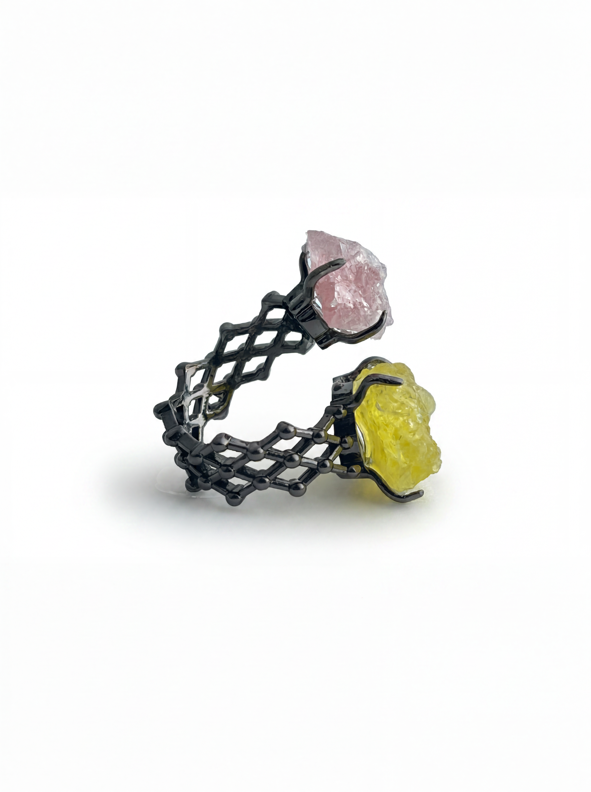 Side view of Pink Strawberry Quartz and Brucite raw crystal ring