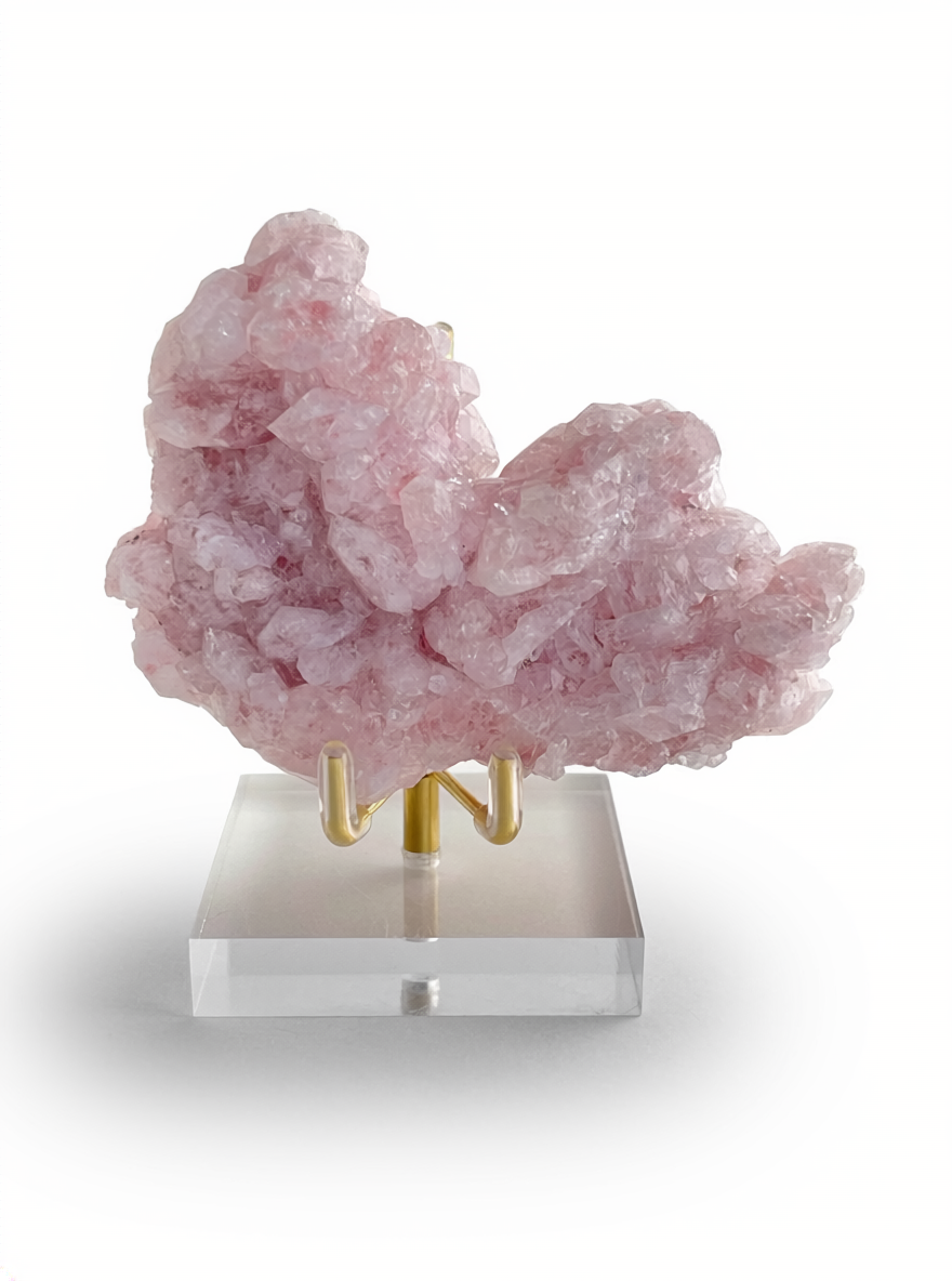 pink strawberry quartz cluster from Madagascar showing natural inclusions front view