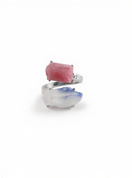 Raw pink tourmaline and dumortierite quartz ring in palladium plated adjustable band