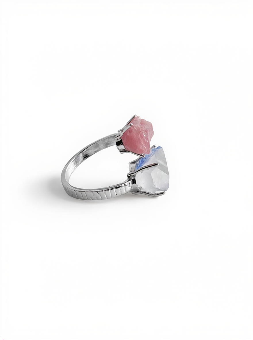Side view of raw pink tourmaline and dumortierite quartz ring
