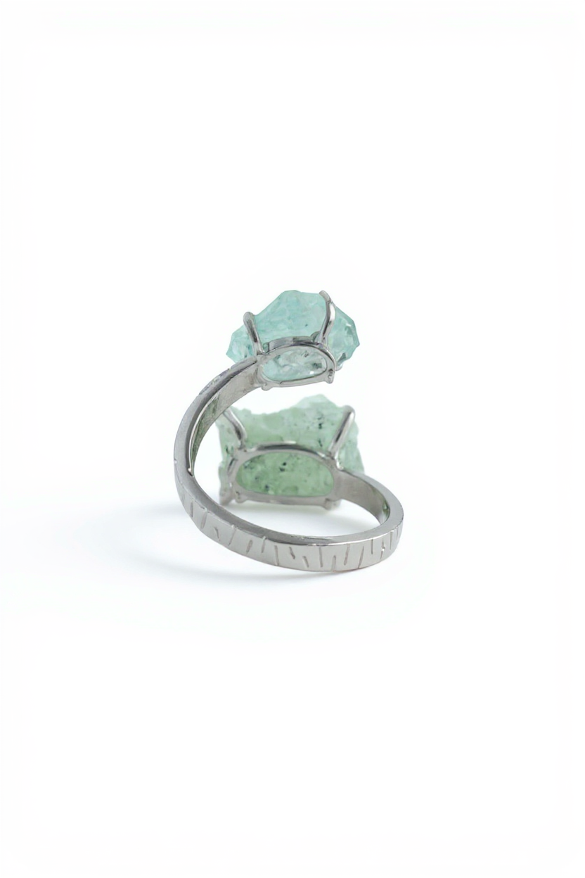 Back view of adjustable Prehnite and Aquamarine ring