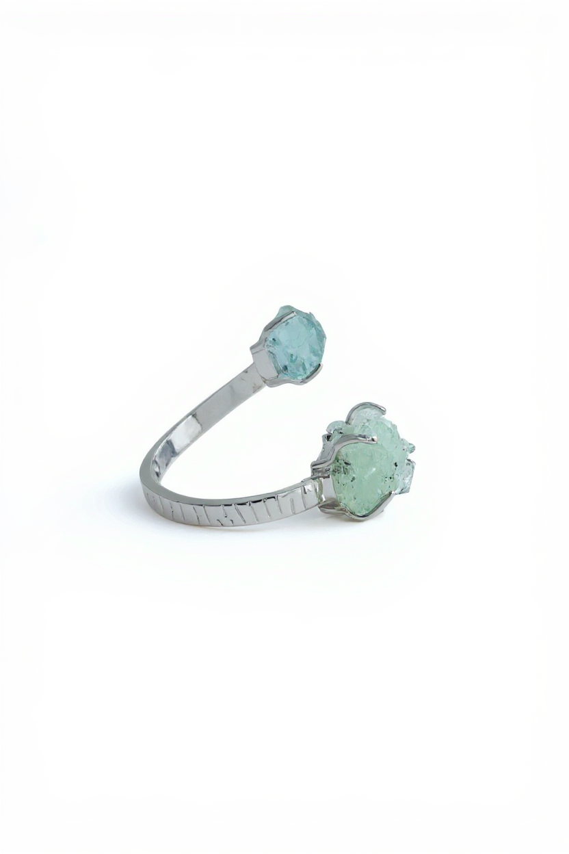 Side view of Prehnite with Quartz and Magnetite and Aquamarine open ring