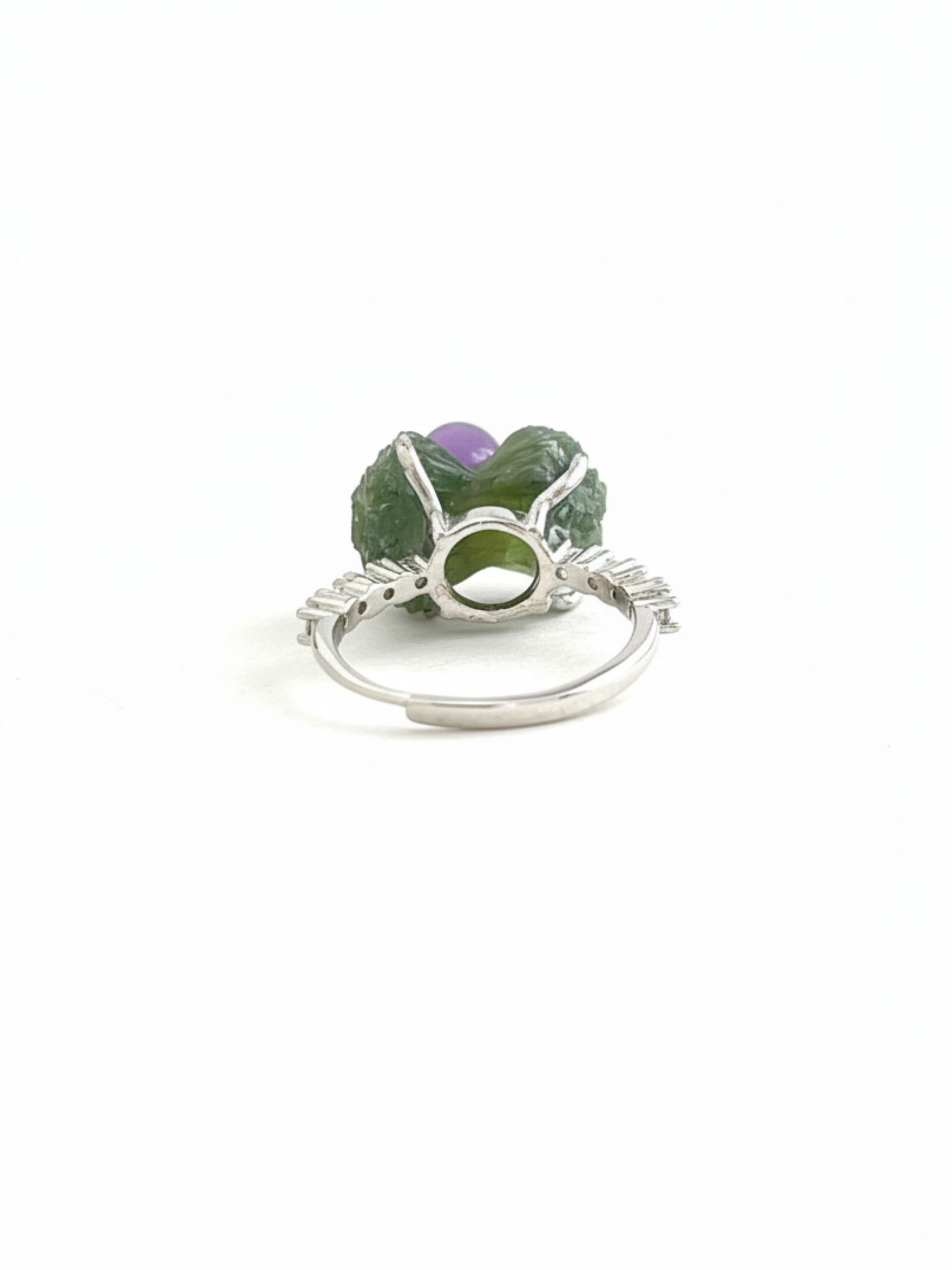 Back view of adjustable green prehnite and grape agate ring
