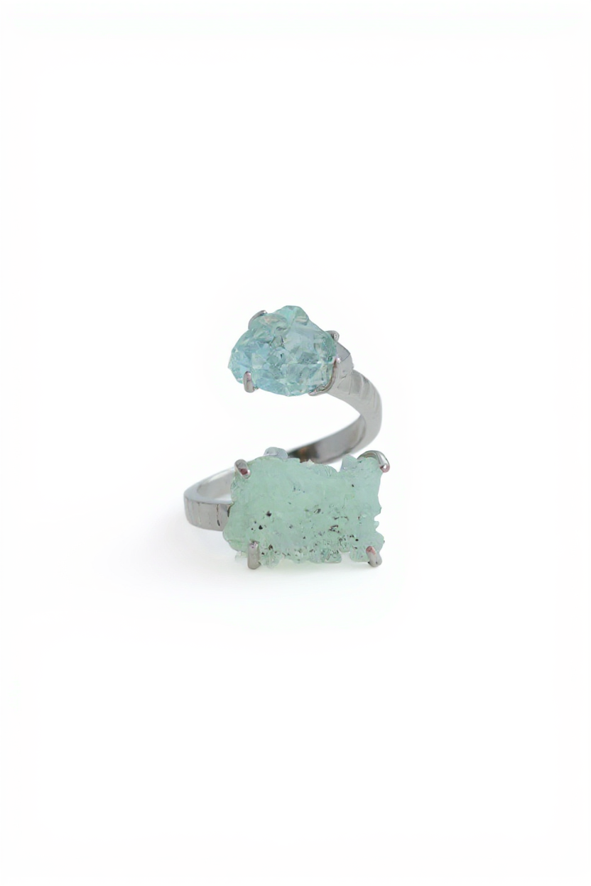 Green Prehnite with Quartz and Magnetite and Aquamarine ring front view