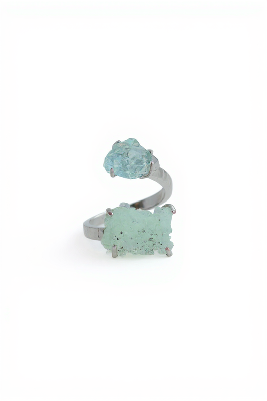 Green Prehnite with Quartz and Magnetite and Aquamarine ring front view