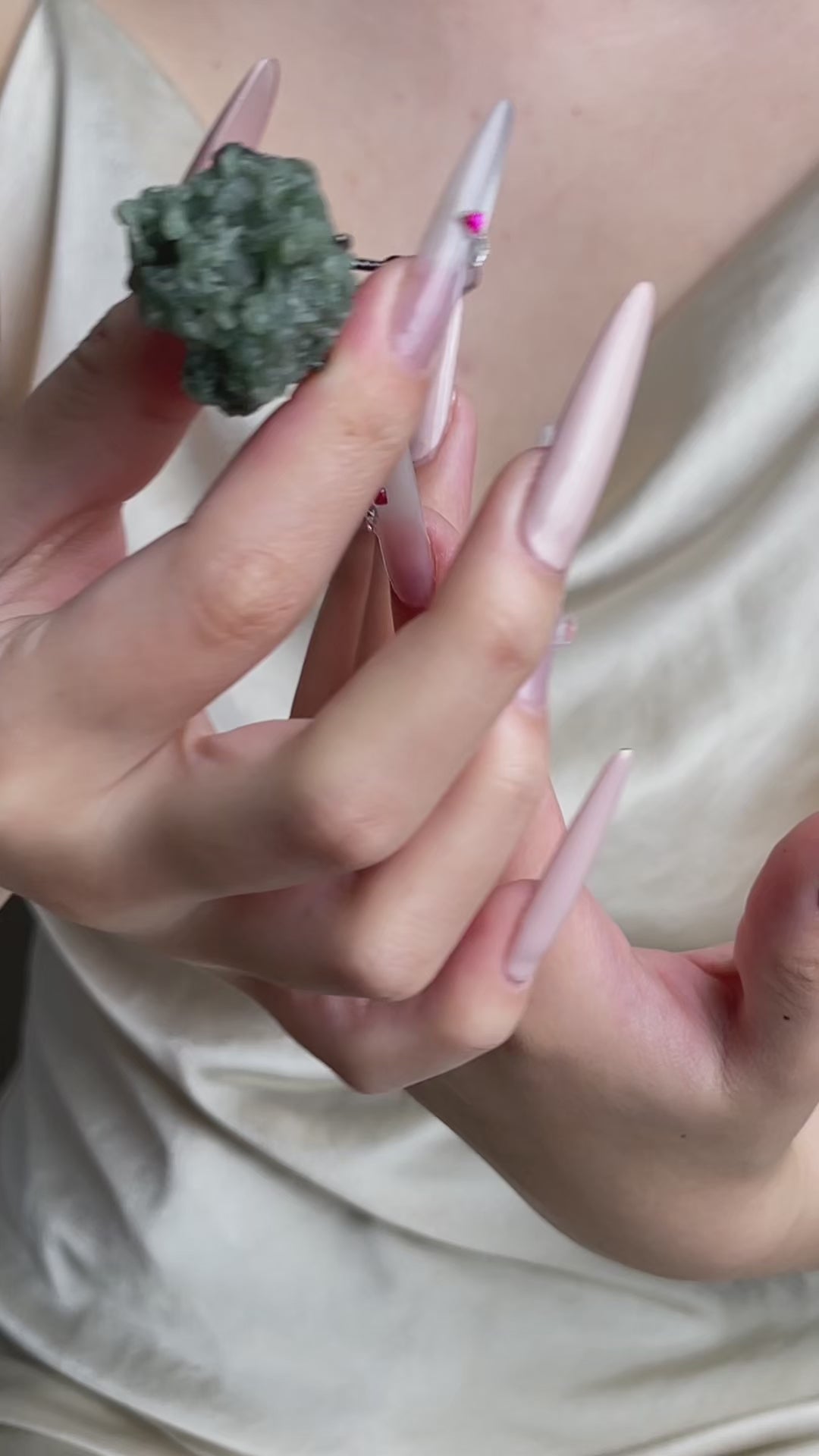 Video of Green Prehnite mineral specimen ring showing natural crystal texture