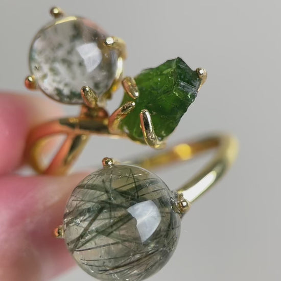 Video of actinolite quartz, phantom quartz and chrome diopside ring showing green inclusions and raw crystal texture