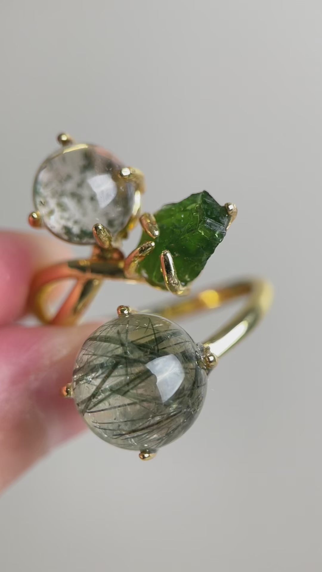Video of actinolite quartz, phantom quartz and chrome diopside ring showing green inclusions and raw crystal texture