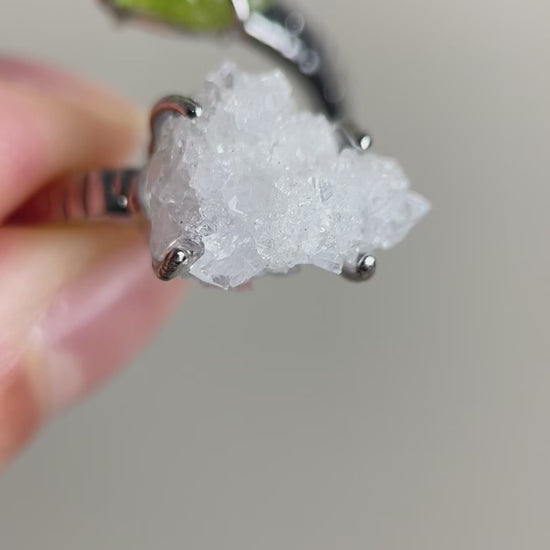 Video of Apophyllite and Peridot Twin Stone Ring with raw crystal setting
