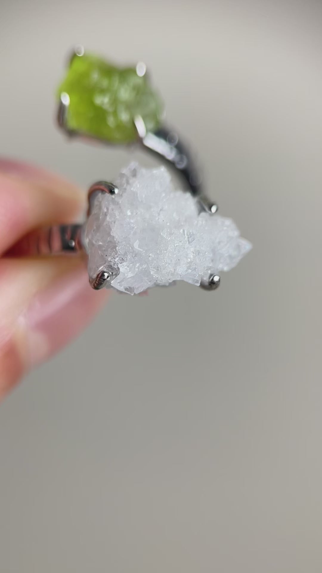 Video of Apophyllite and Peridot Twin Stone Ring with raw crystal setting
