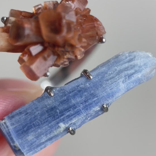 Kyanite and aragonite cluster ring featuring natural blue blade-like kyanite crystals and earthy aragonite formation, handcrafted mineral specimen jewelry with raw textures and organic structure