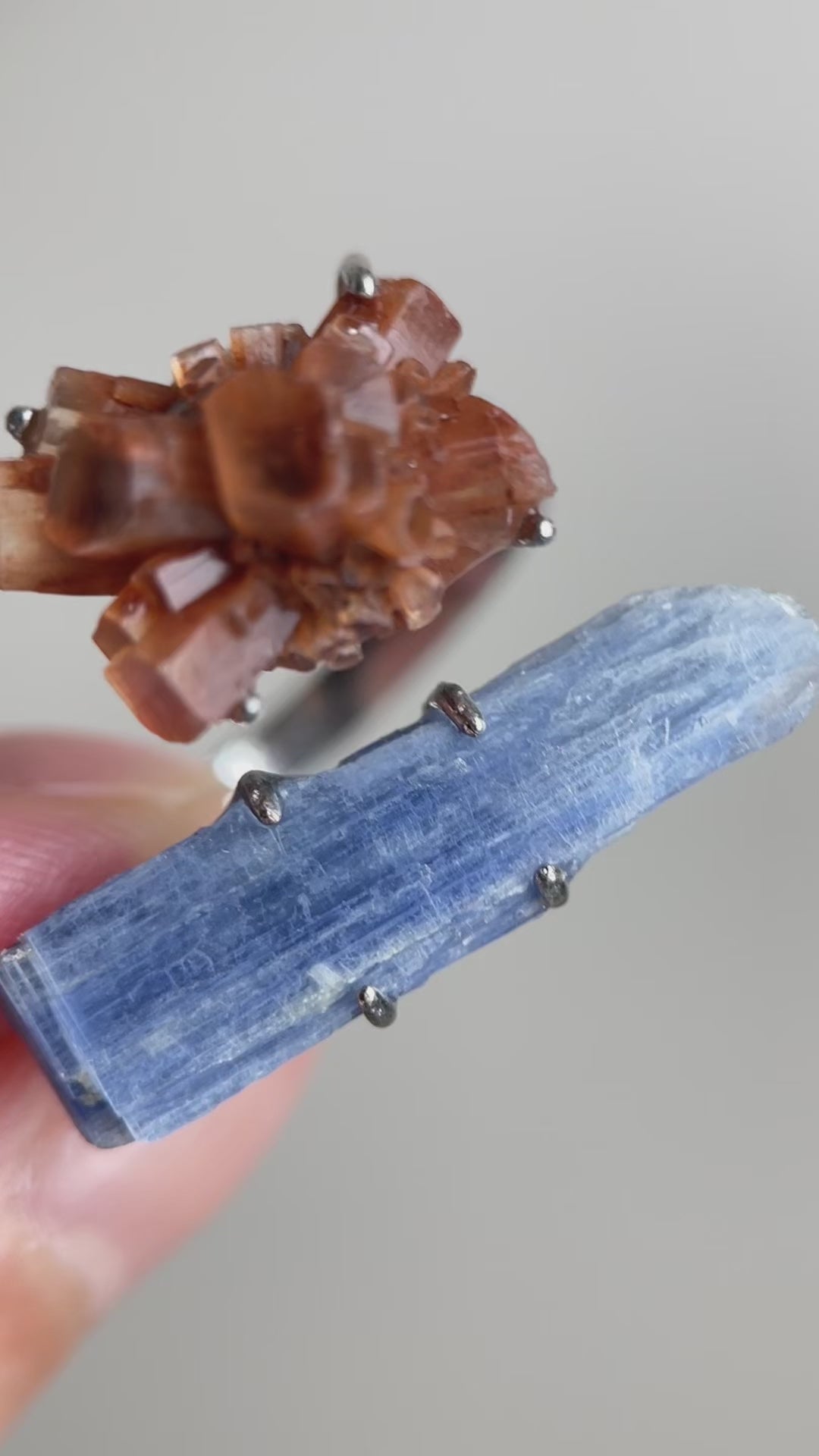 Kyanite and aragonite cluster ring featuring natural blue blade-like kyanite crystals and earthy aragonite formation, handcrafted mineral specimen jewelry with raw textures and organic structure