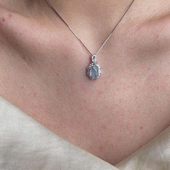 Aquamarine necklace in sterling silver featuring natural light blue crystal with clear ocean tone, elegant everyday jewelry