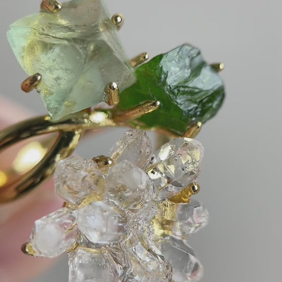 Video of green octahedral fluorite, chrome diopside and Herkimer Diamond Quartz flower ring by Oryssia