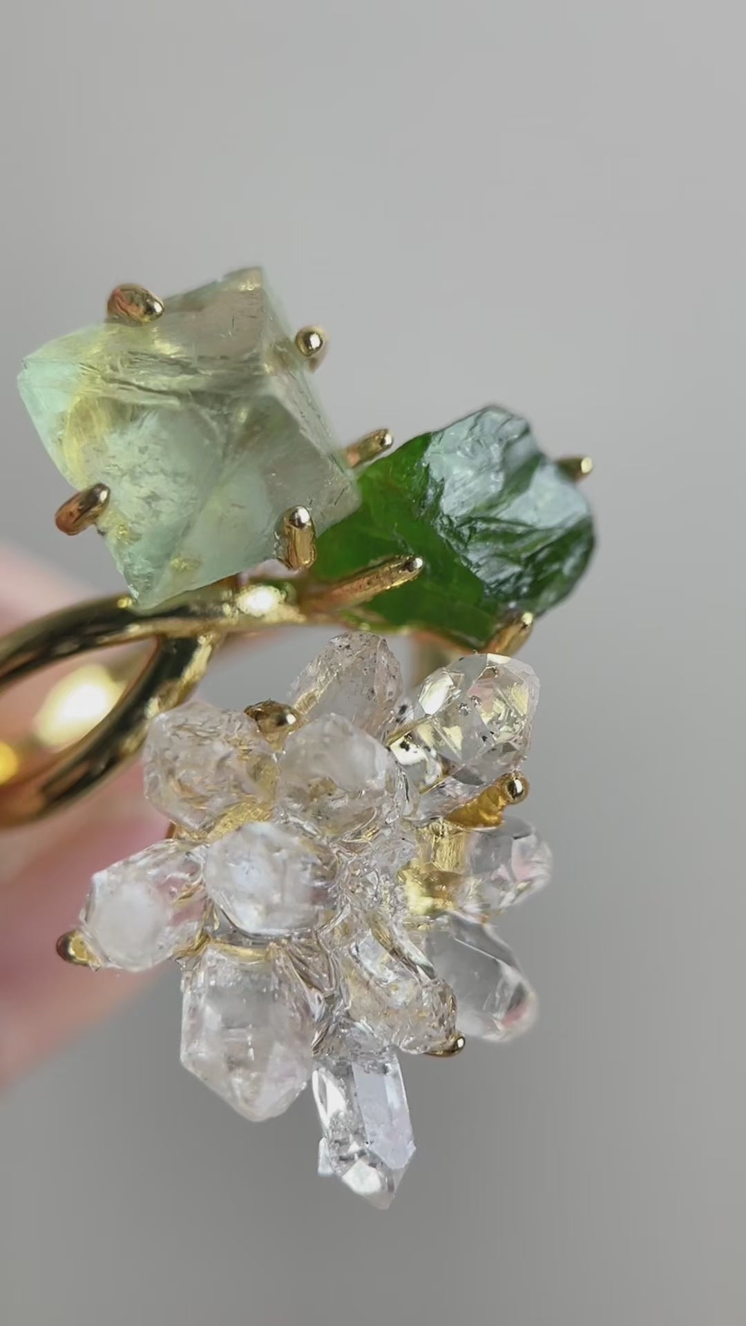 Video of green octahedral fluorite, chrome diopside and Herkimer Diamond Quartz flower ring by Oryssia