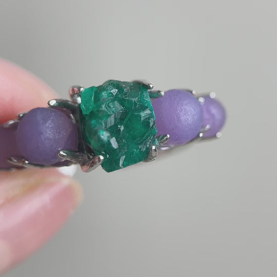 Purple Grape Agate and Dioptase band ring showing natural crystal texture and color detail