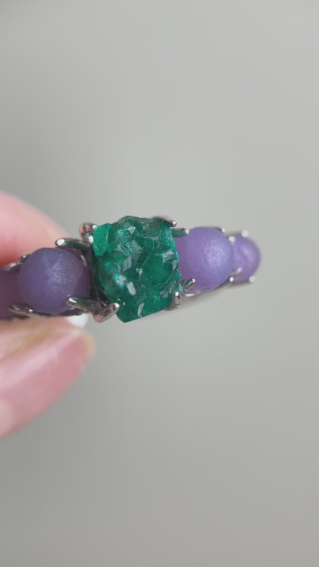 Purple Grape Agate and Dioptase band ring showing natural crystal texture and color detail
