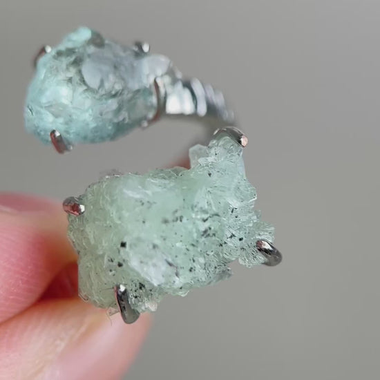 Green Prehnite with Quartz and Magnetite and Aquamarine ring video showing natural crystal details