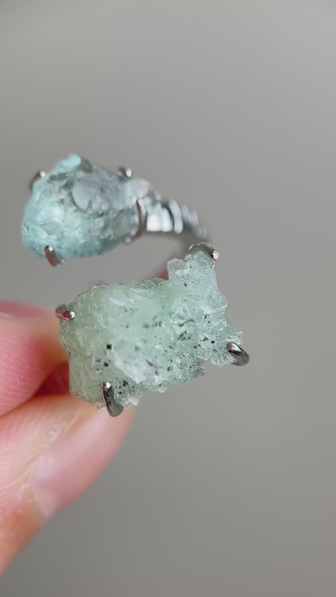 Green Prehnite with Quartz and Magnetite and Aquamarine ring video showing natural crystal details