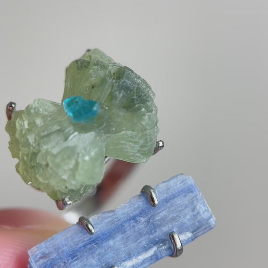 Green Prehnite, Blue Apatite and Kyanite bow ring showing natural crystal colours and detail