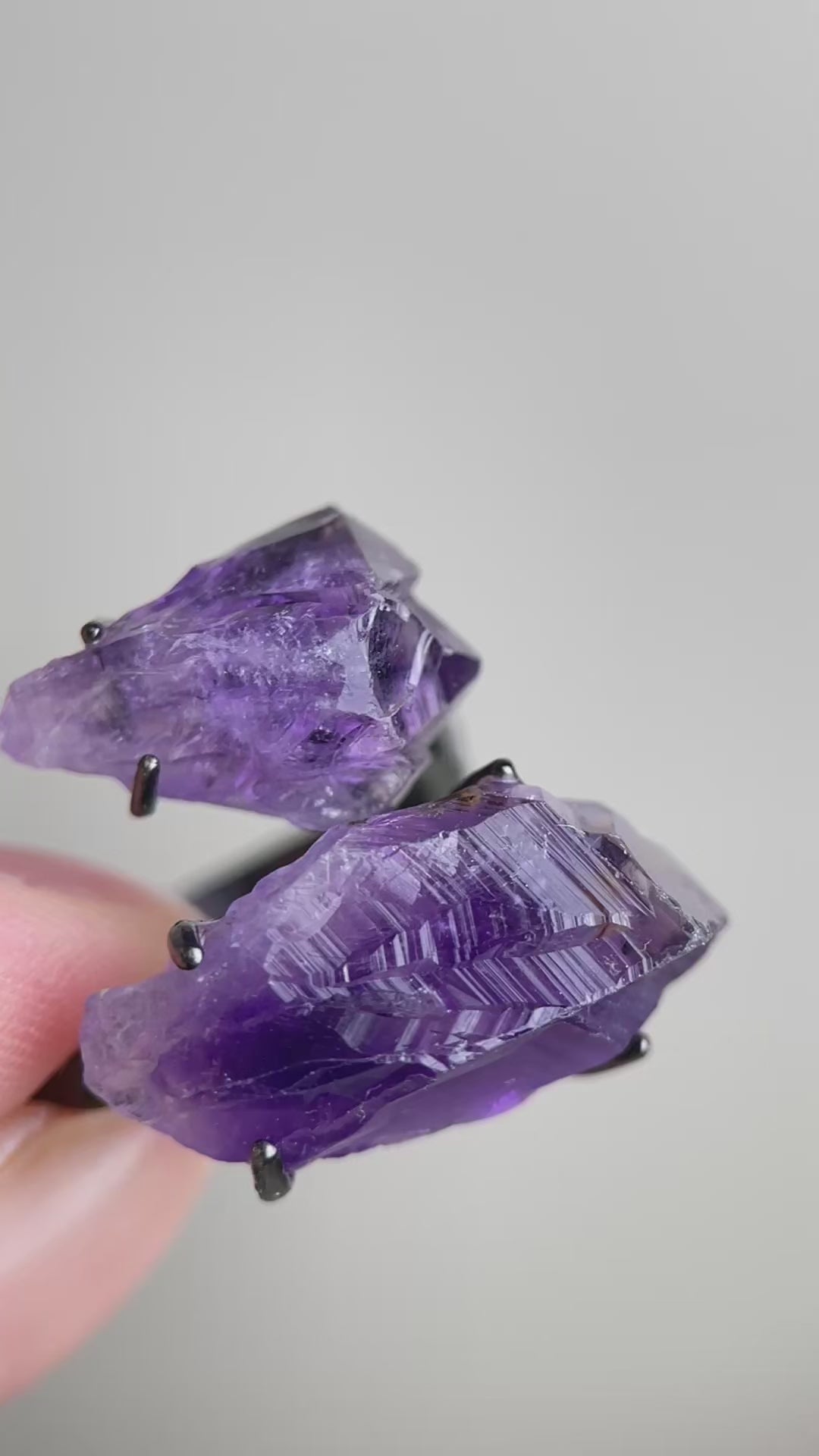 Video of raw Brazilian Amethyst crystal ring showing natural purple crystal points