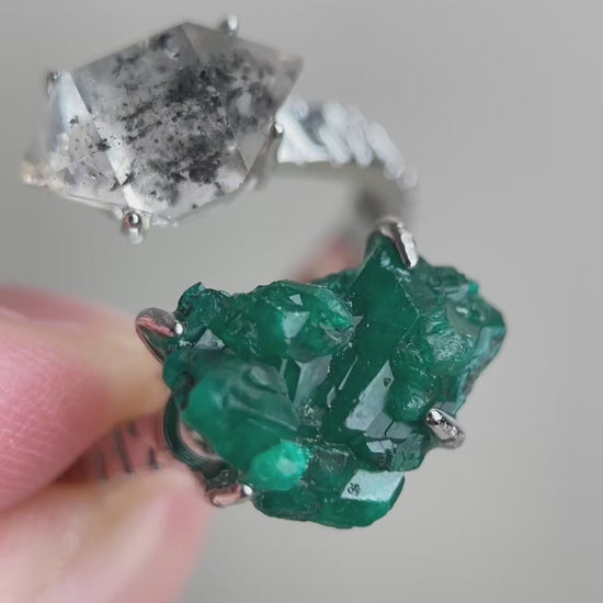 Raw Dioptase and Herkimer Diamond Quartz ring video showing natural crystal details