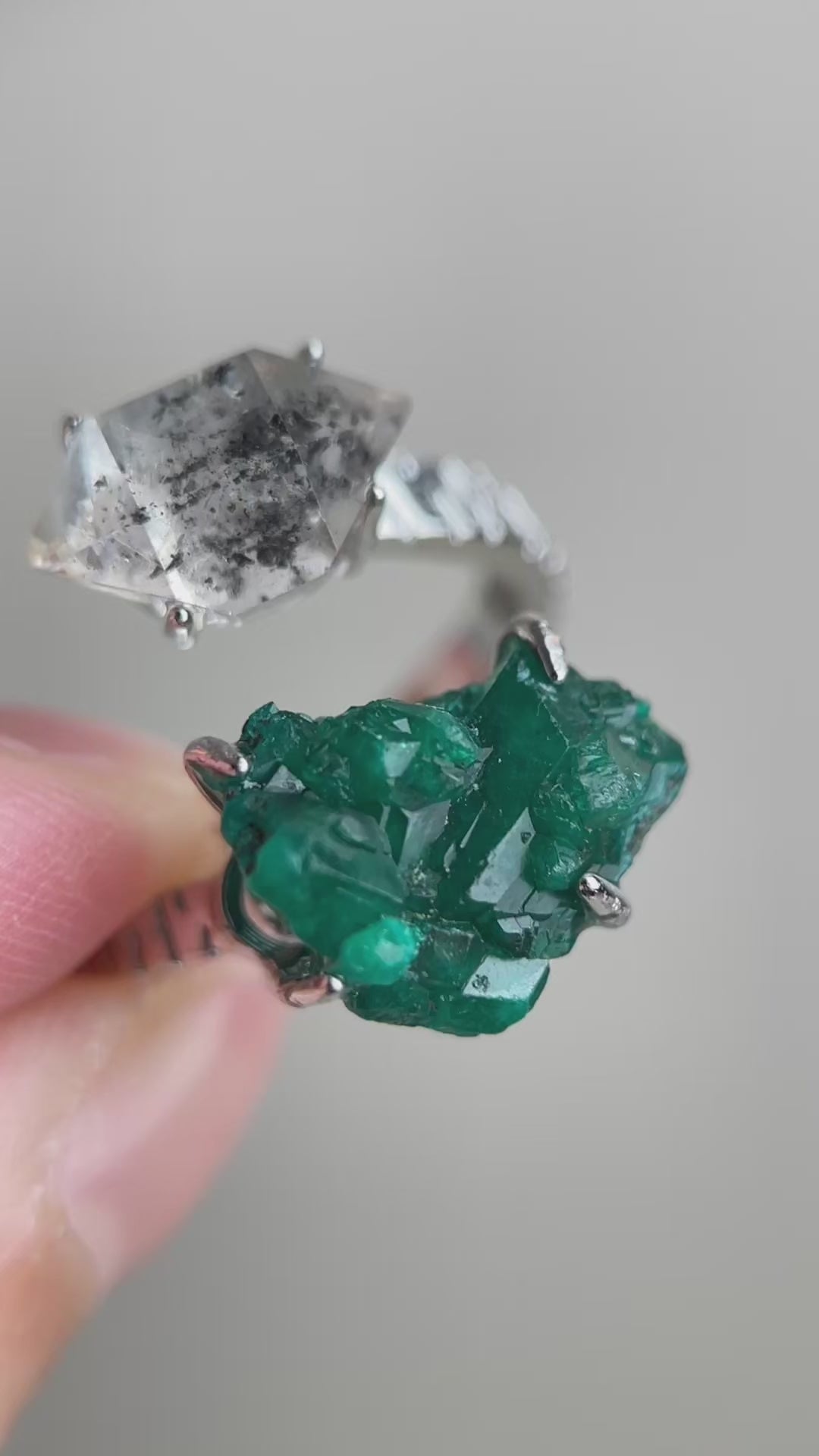 Raw Dioptase and Herkimer Diamond Quartz ring video showing natural crystal details