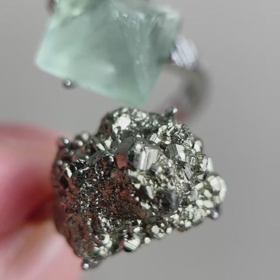 Green Octahedral Fluorite and Chalcopyrite ring video showing natural crystal details