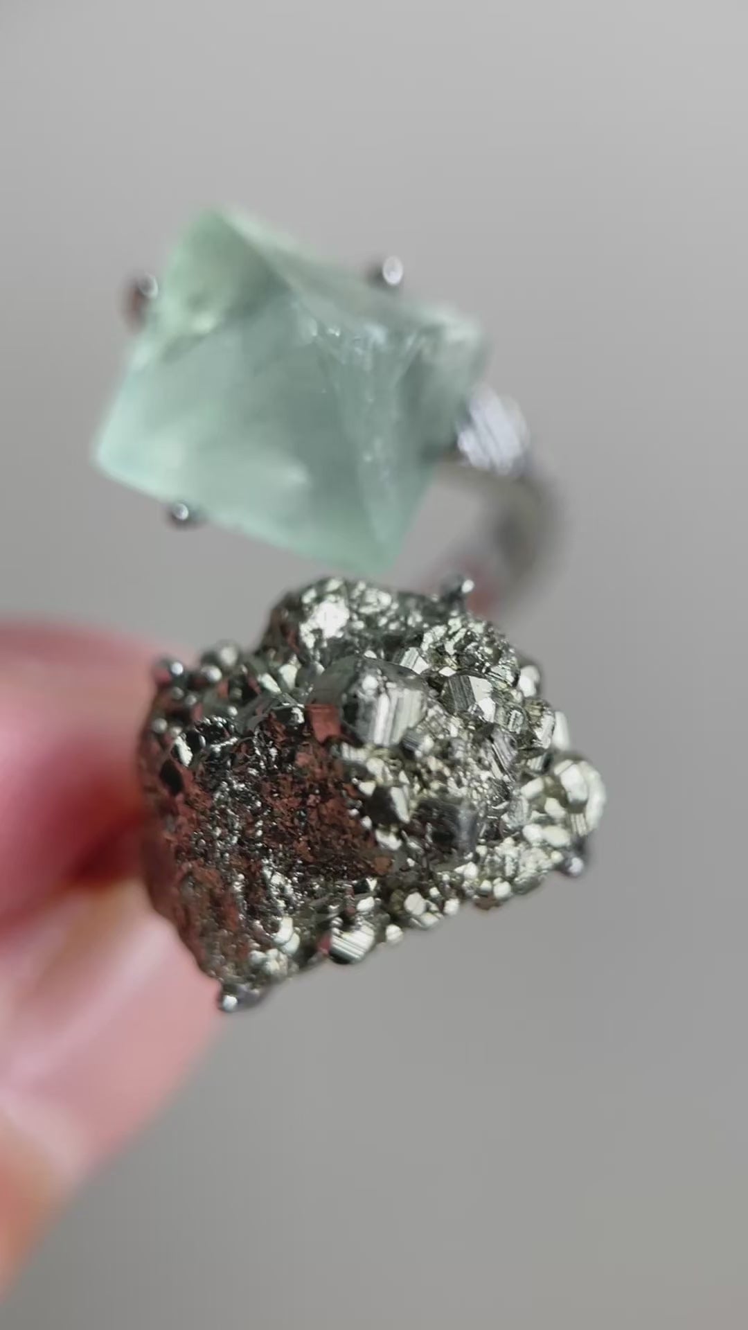 Green Octahedral Fluorite and Chalcopyrite ring video showing natural crystal details