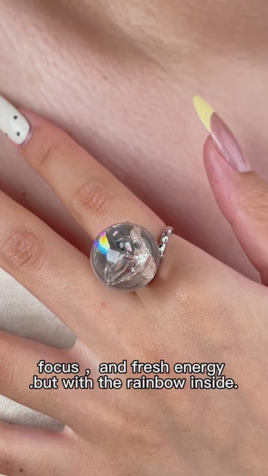 Rainbow Quartz Sphere ring video showing natural internal rainbow effect