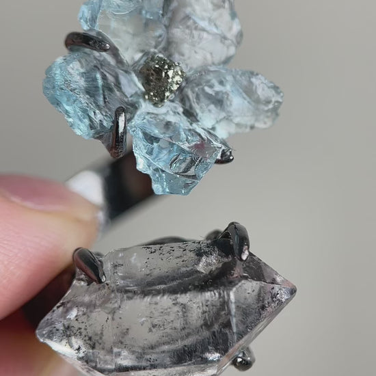 Video of raw Aquamarine flower ring with Hakima Diamond Quartz by Oryssia