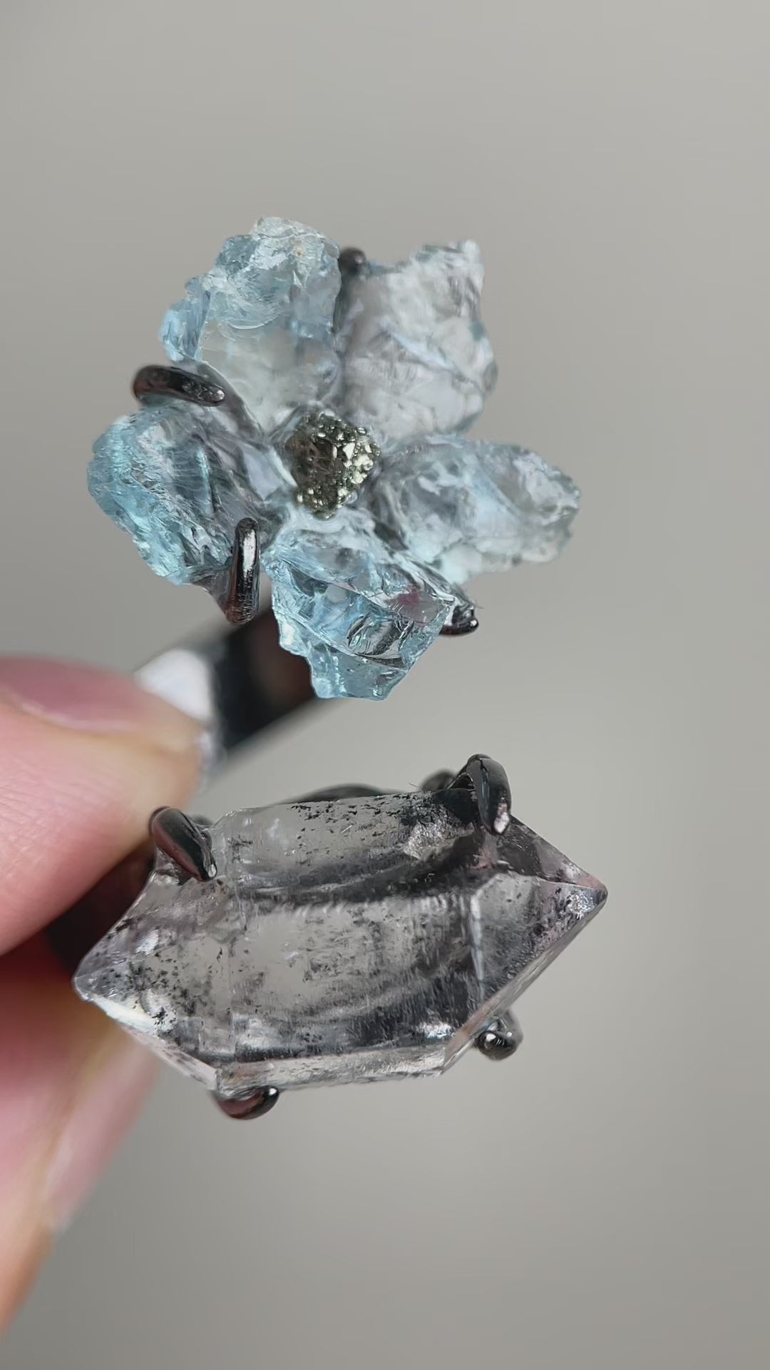 Video of raw Aquamarine flower ring with Hakima Diamond Quartz by Oryssia