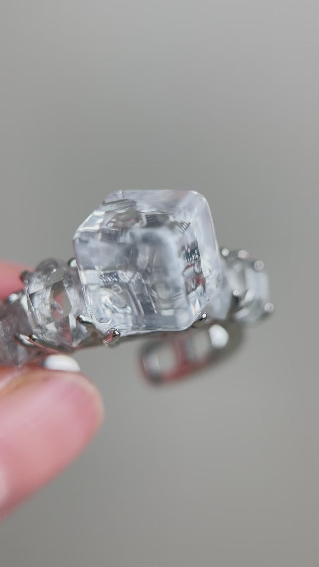 Video of Clear Quartz sugar cube ring with Pakistan Herkimer Diamond Quartz crystals
