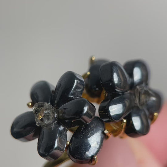 video hematite crystal blossom ring with herkimer diamond quartz