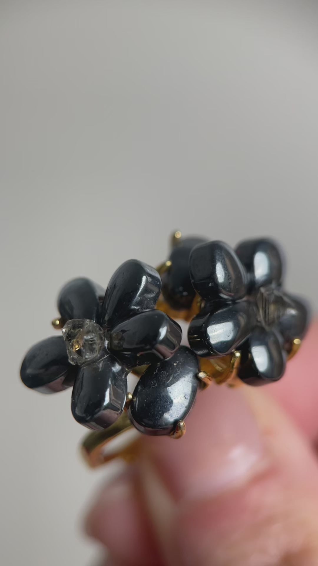 video hematite crystal blossom ring with herkimer diamond quartz
