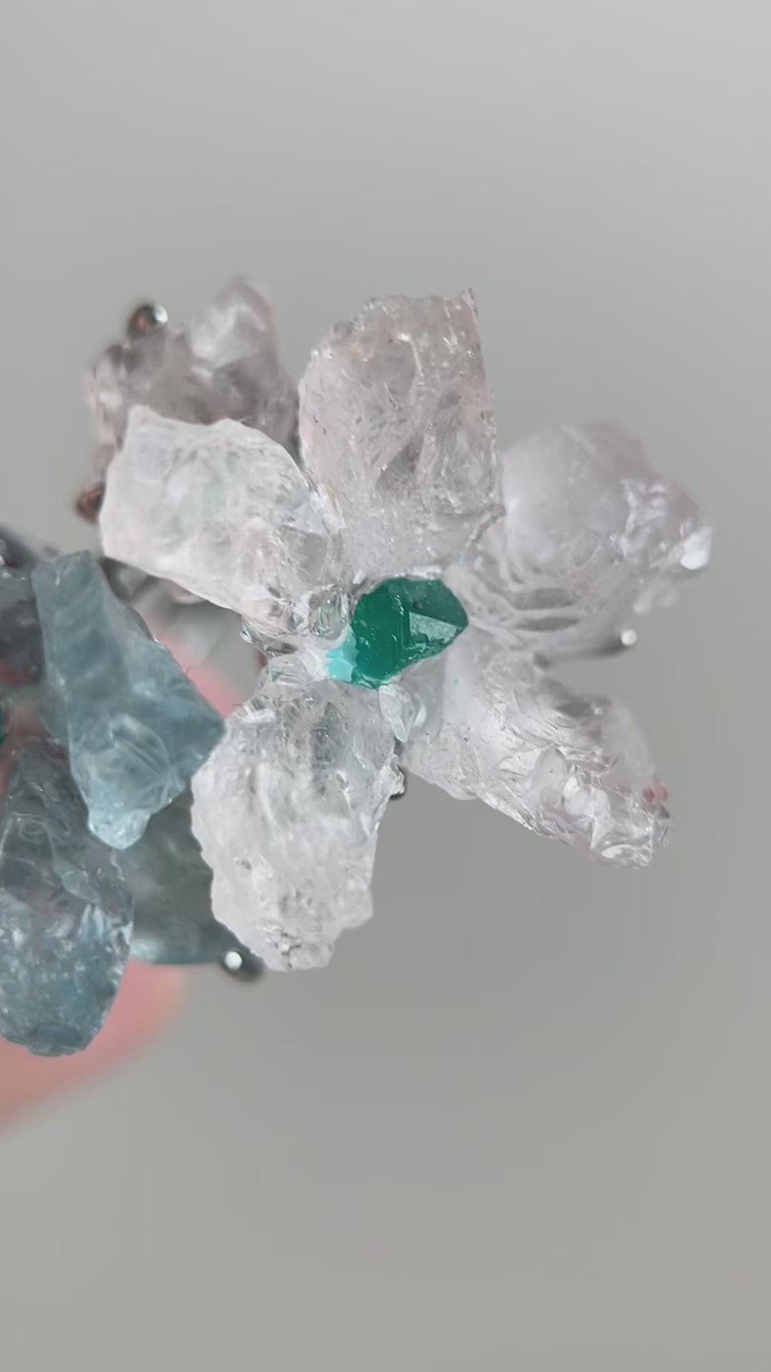Video of raw Morganite, Aquamarine and Dioptase double flower crystal ring