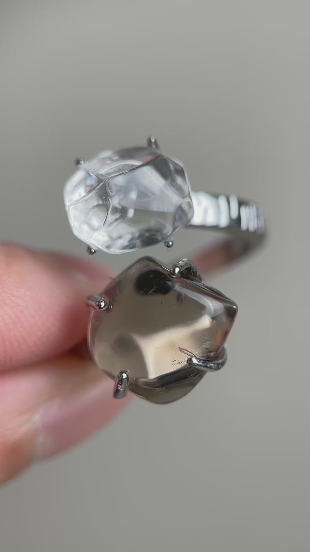 Video of Clear Quartz and Smoky Quartz Freeform Ring