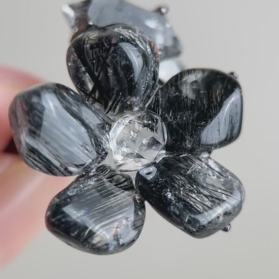 Video of Black Rutilated Quartz flower and Herkimer Diamond Quartz ring