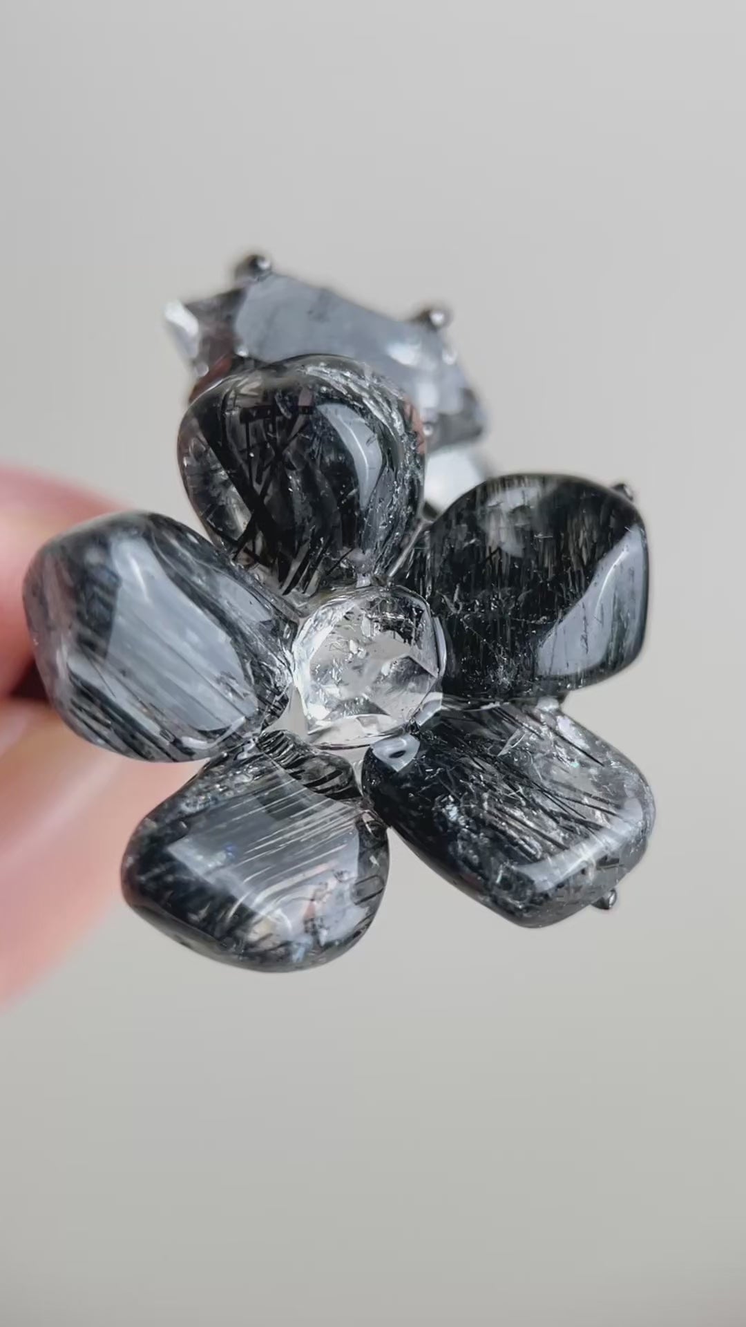 Video of Black Rutilated Quartz flower and Herkimer Diamond Quartz ring