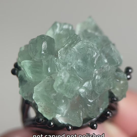 Green quartz crystal cluster ring featuring natural multi-point formations, a raw crystal jewelry piece full of texture and organic beauty